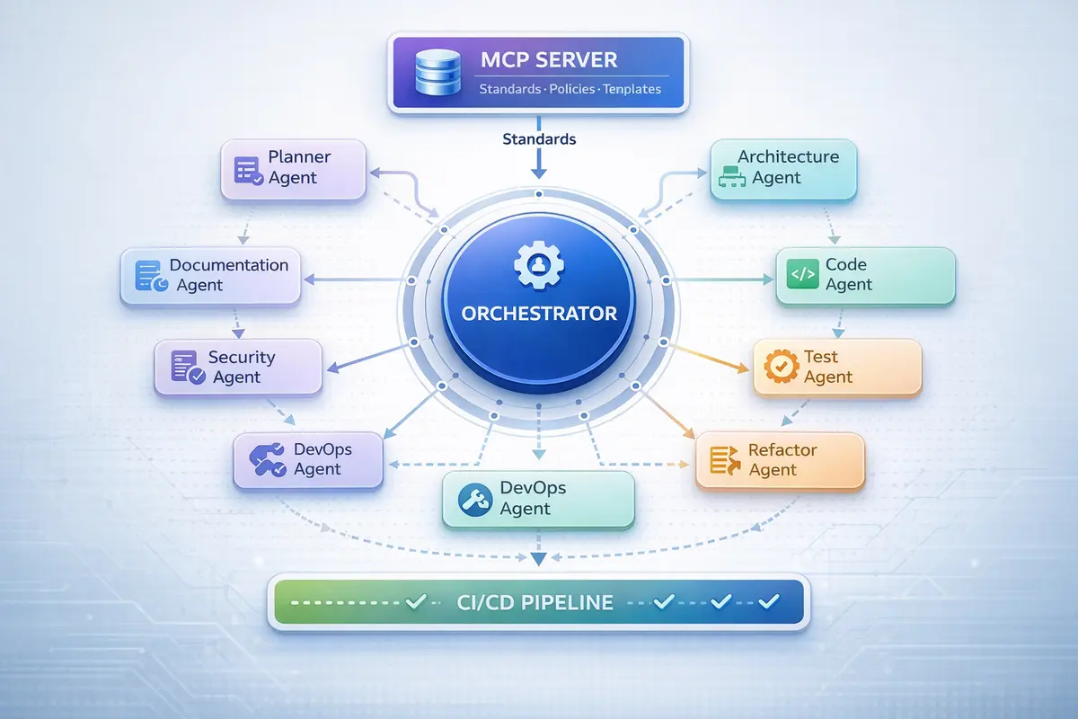 Multi-agent AI development system architecture diagram showing orchestrator managing specialized agents with MCP server providing centralized engineering standards
