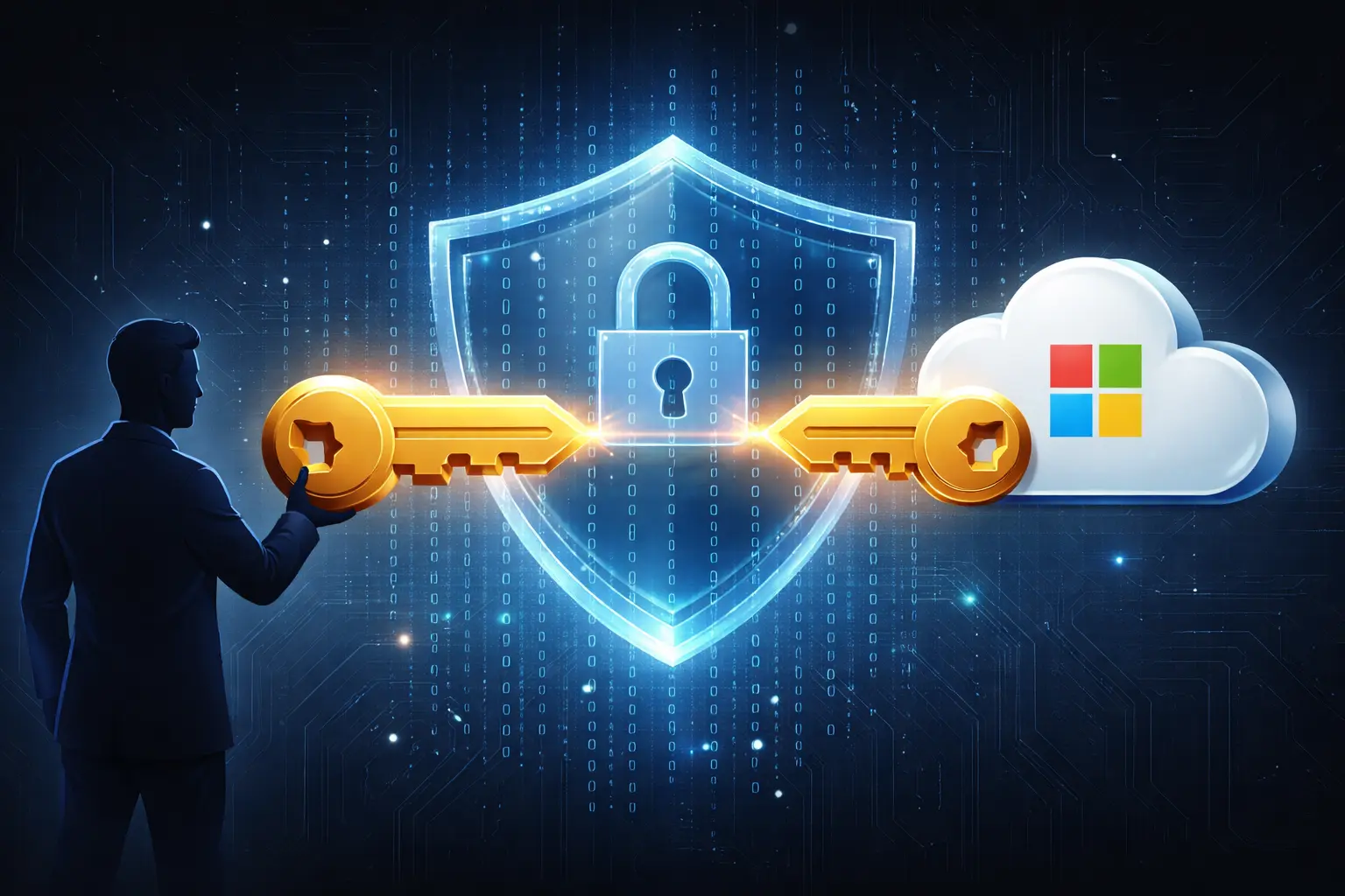 BitLocker encryption split key visualization showing user holding golden key connected to shield with lock symbol and Microsoft cloud, illustrating shared control and trust boundaries in disk encryption key management