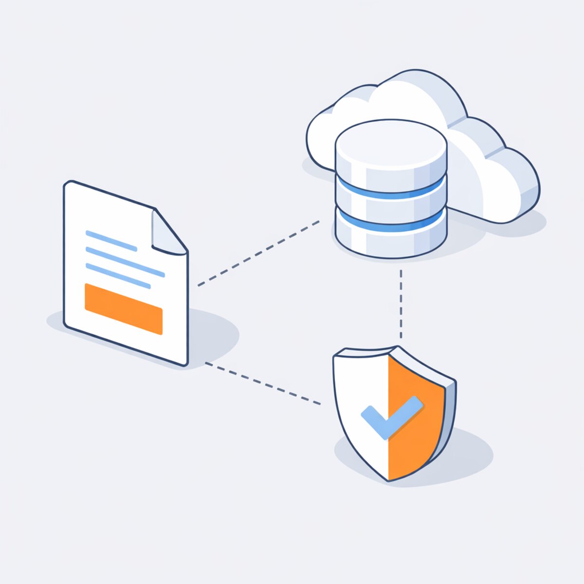 Isometric illustration showing a static site document connected to a cloud database and security shield - representing the D1 and Turnstile architecture
