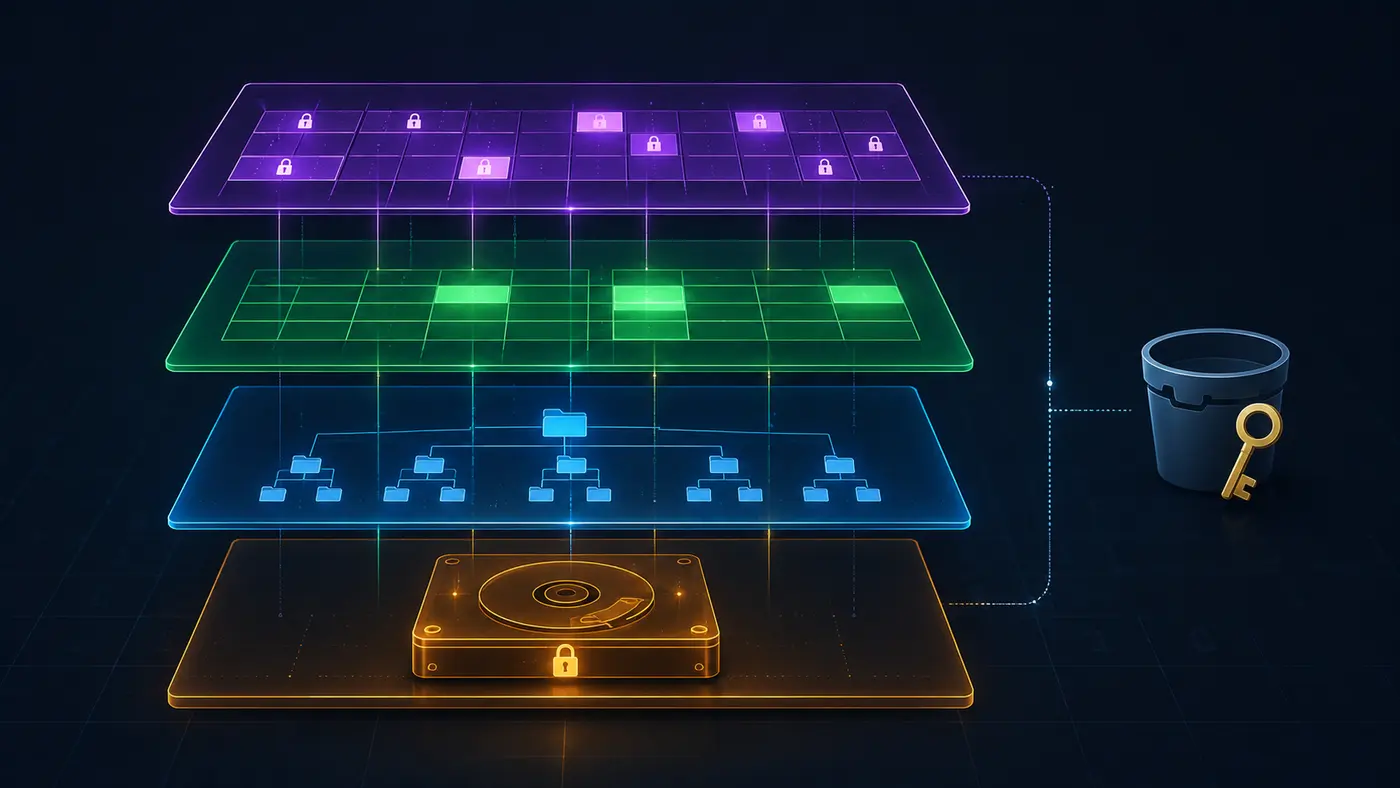 Four translucent stacked encryption layers showing hardware disk encryption in amber, filesystem volume encryption in blue, database TDE in green, and column-level encryption in purple with S3 bucket and key on the side