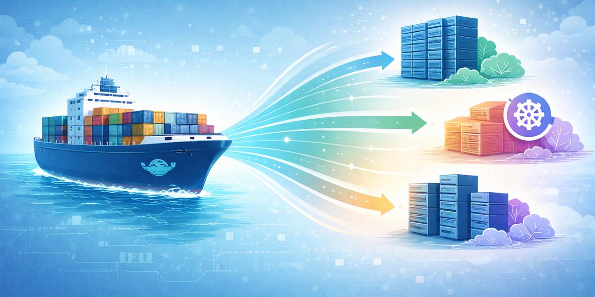 Container ship deploying to multiple targets representing build once deploy many