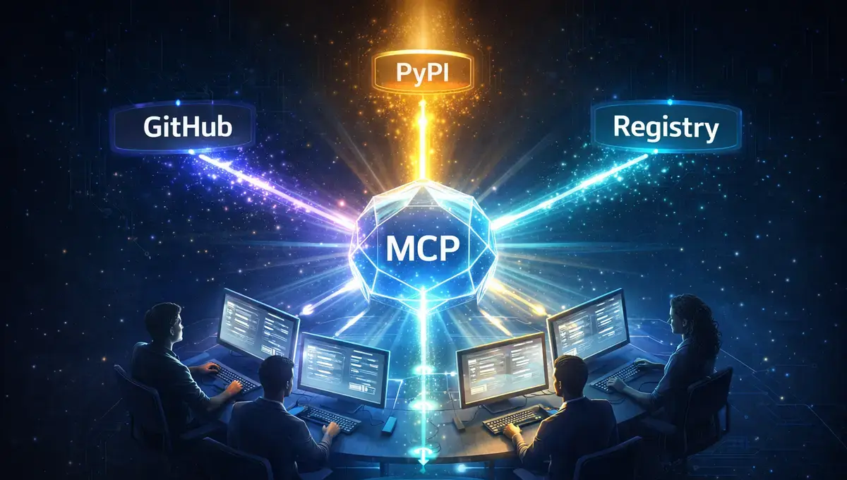 MCP server as central hub connecting GitHub, PyPI, and MCP Registry with DevOps engineers benefiting from centralized standards
