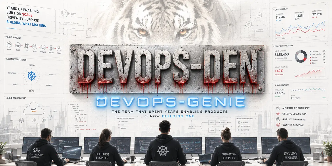 DevOps-Den team war room with tiger backdrop and blood-dripping DevOps-Den typography revealing DevOps-Genie product launch with SRE platform and automation engineers at monitoring stations