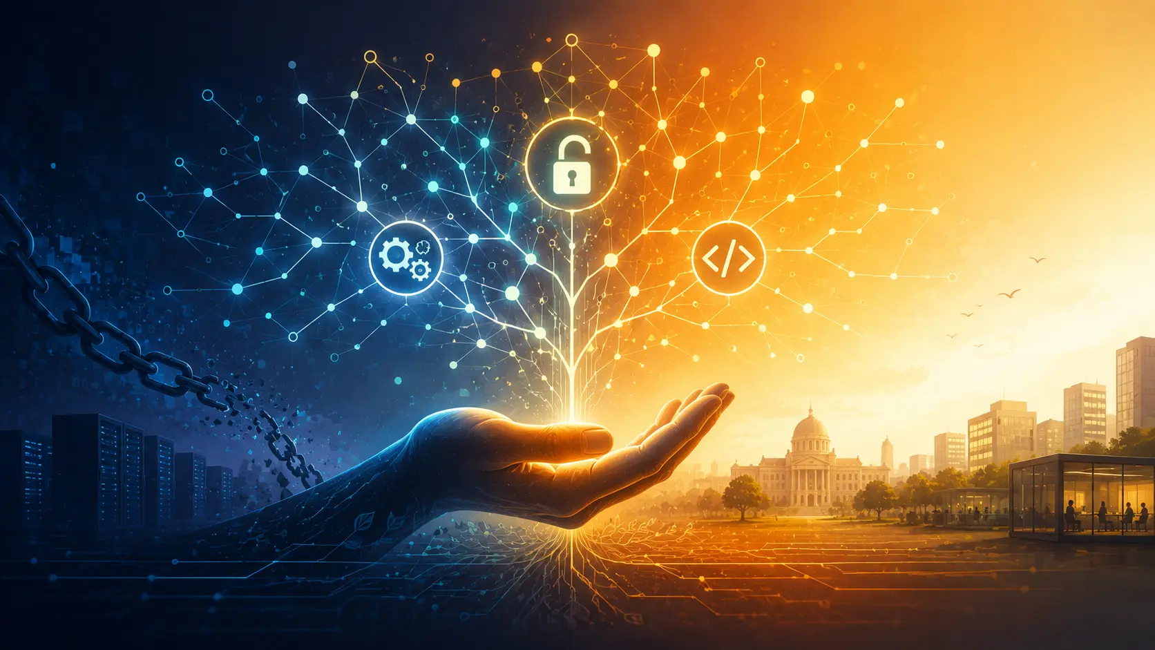 India's path to digital freedom through open source - interconnected nodes representing education, entrepreneurship, and technology sovereignty
