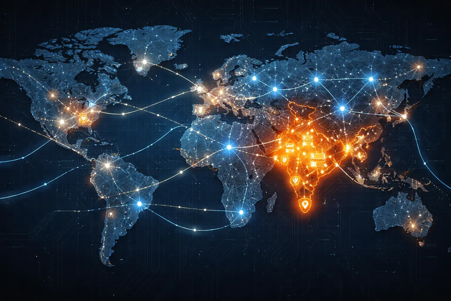 Digital sovereignty visualization showing global network connections with India highlighted in orange glow representing sovereign infrastructure, while international data flow lines illustrate geopolitical dependencies in digital infrastructure
