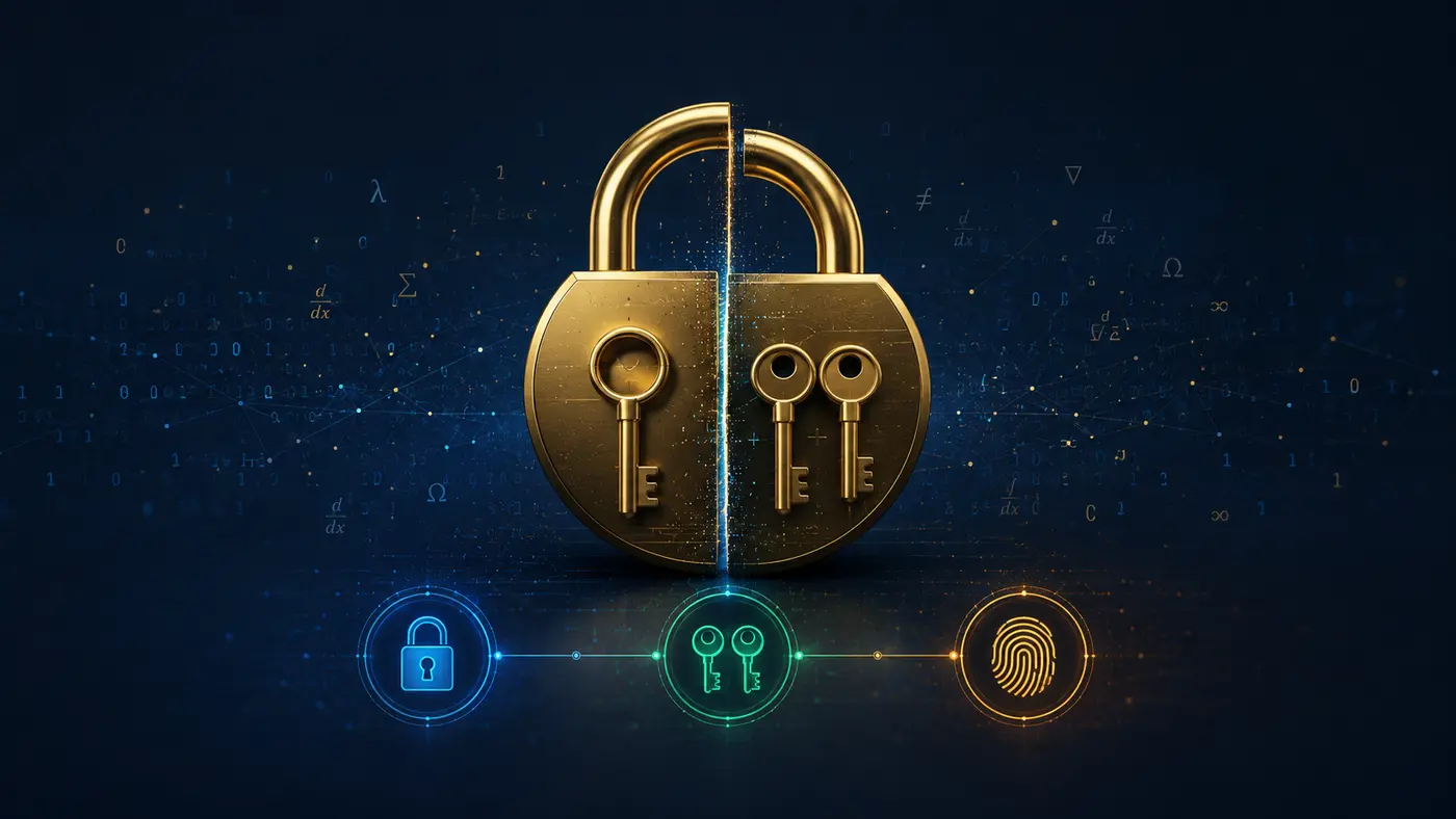 Split golden padlock showing symmetric single key and asymmetric key pair with three glowing icons below representing symmetric encryption asymmetric encryption and hashing on dark navy background