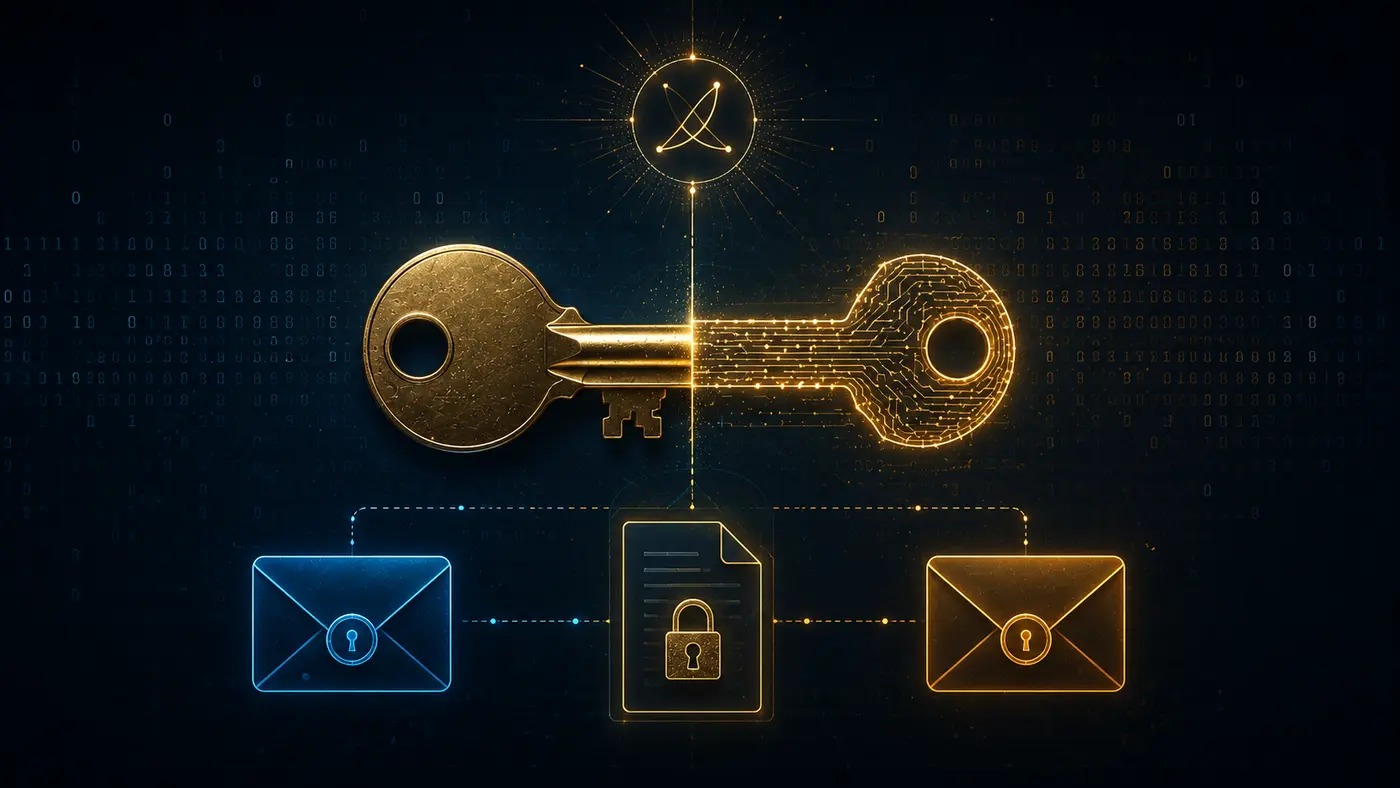 Split key showing physical license key and digital circuit encryption key with Ed25519 signature seal above and dual-envelope architecture showing blue customer and amber master envelopes connected to locked document
