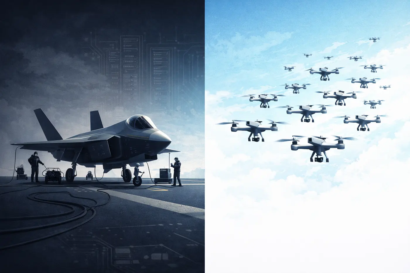 Split composition showing a grounded F-35 fighter jet with maintenance crews on the left representing monolithic enterprise platforms and a swarm of agile drones flying in formation on the right representing composable modular architectures