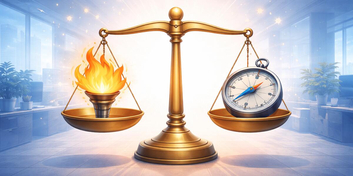 Balance scale with flame representing passion and compass representing pragmatism