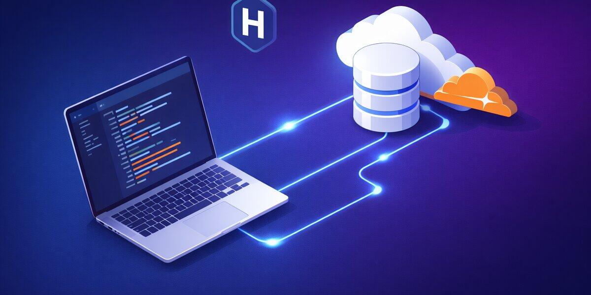 Laptop with code editor connected to Hugo and Cloudflare cloud infrastructure