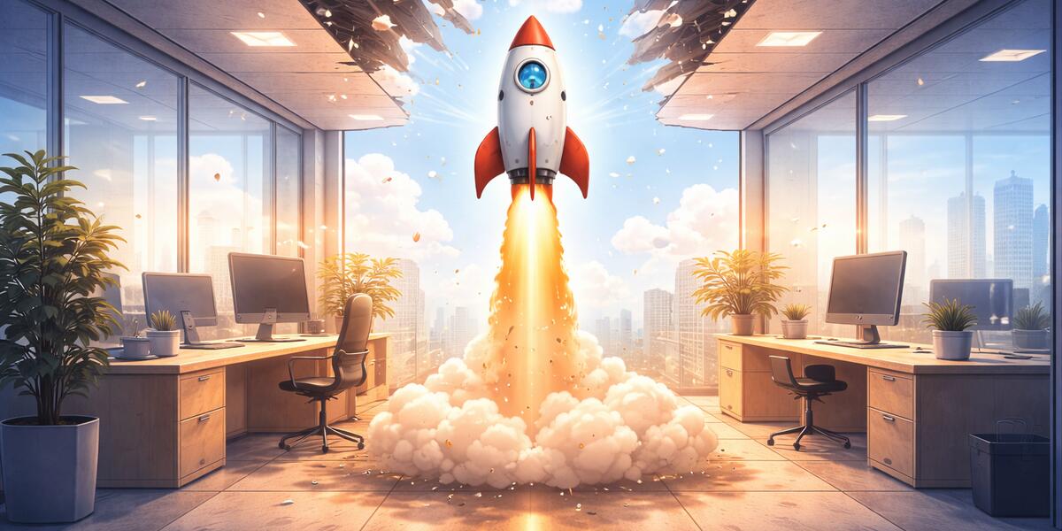 Rocket launching through the ceiling of a corporate office, symbolizing entrepreneurial energy breaking through corporate constraints