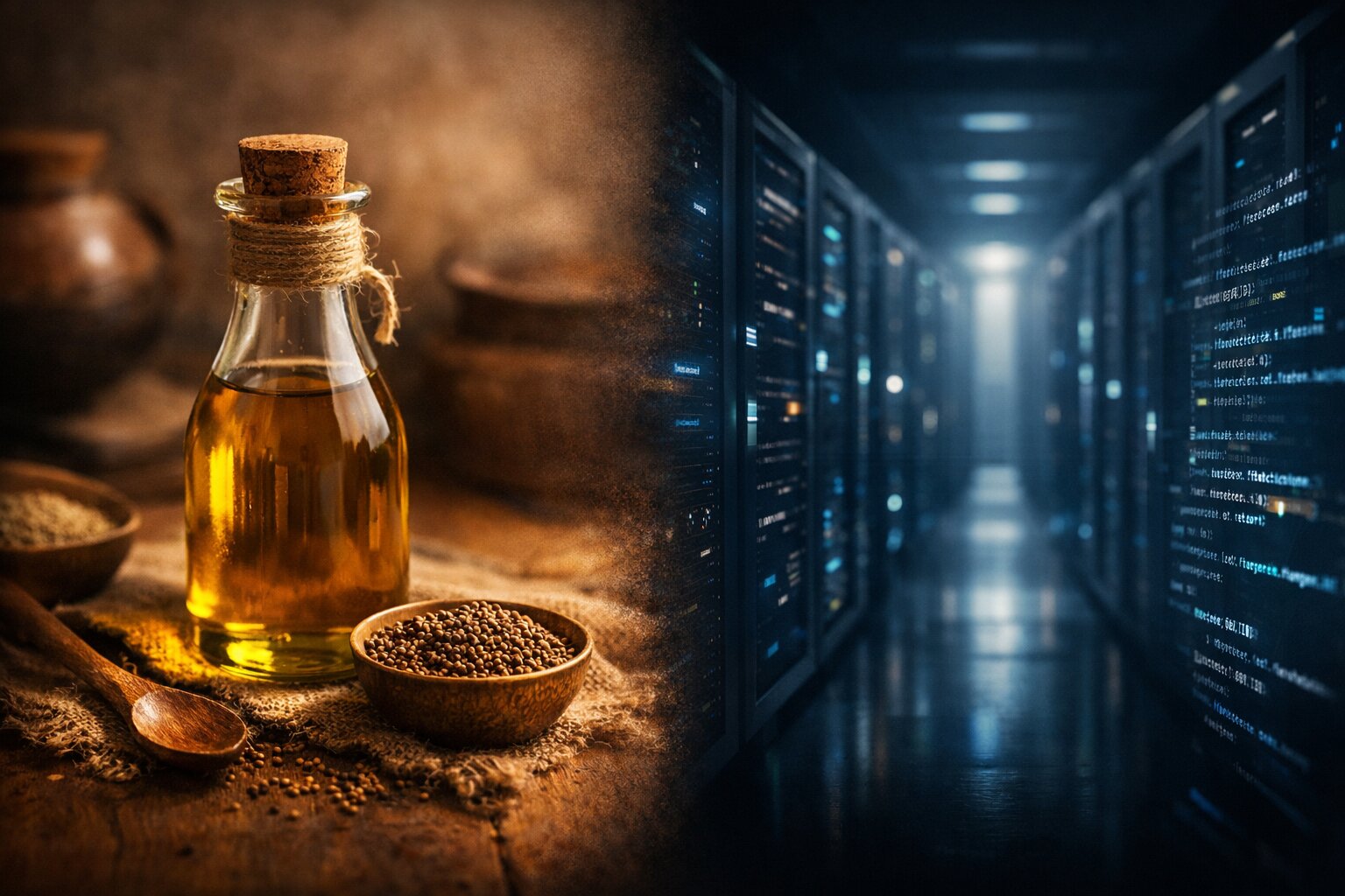 From traditional mustard oil to modern data centers - a visual metaphor for institutional risk perception