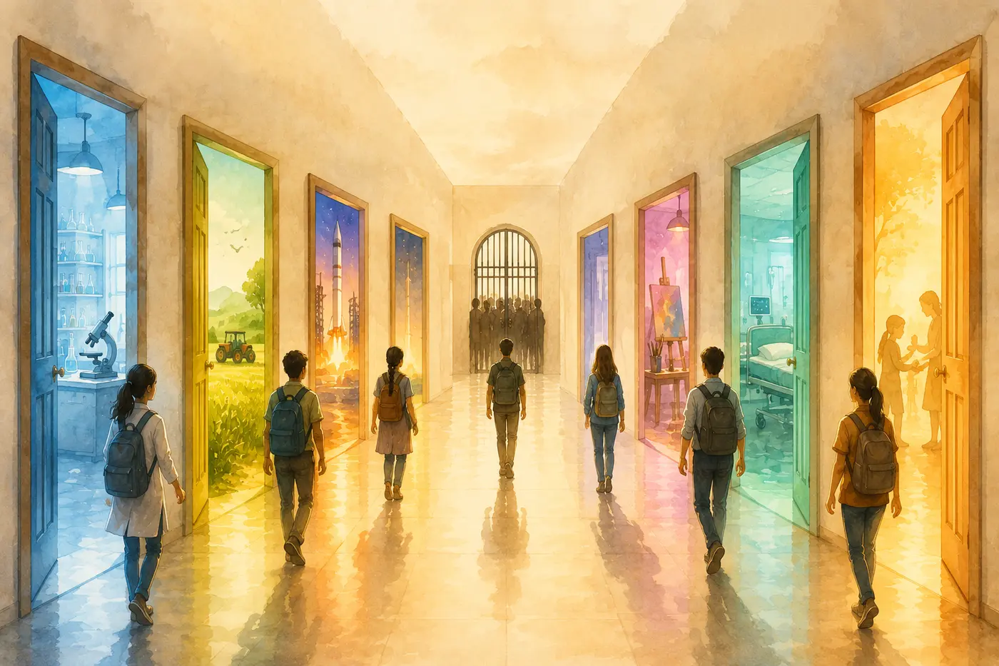 Watercolor illustration of students walking through a corridor with many open doors leading to different futures - laboratory, agriculture, space, art, healthcare - while a narrow locked gate in the centre shows a crowd pressed against a single exit