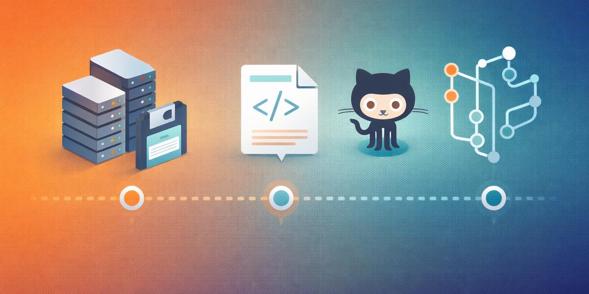 Timeline showing evolution from SourceForge servers to GitHub octocat to modern AI-powered platforms