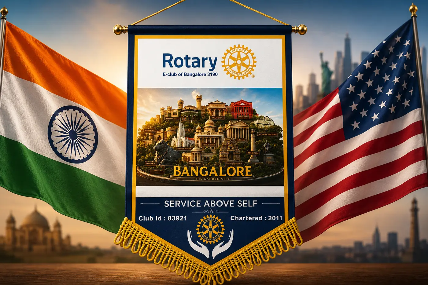 Rotary E-Club of Bangalore District 3190 club banner with Bangalore landmarks positioned between the Indian tricolour and American flag with Service Above Self motto