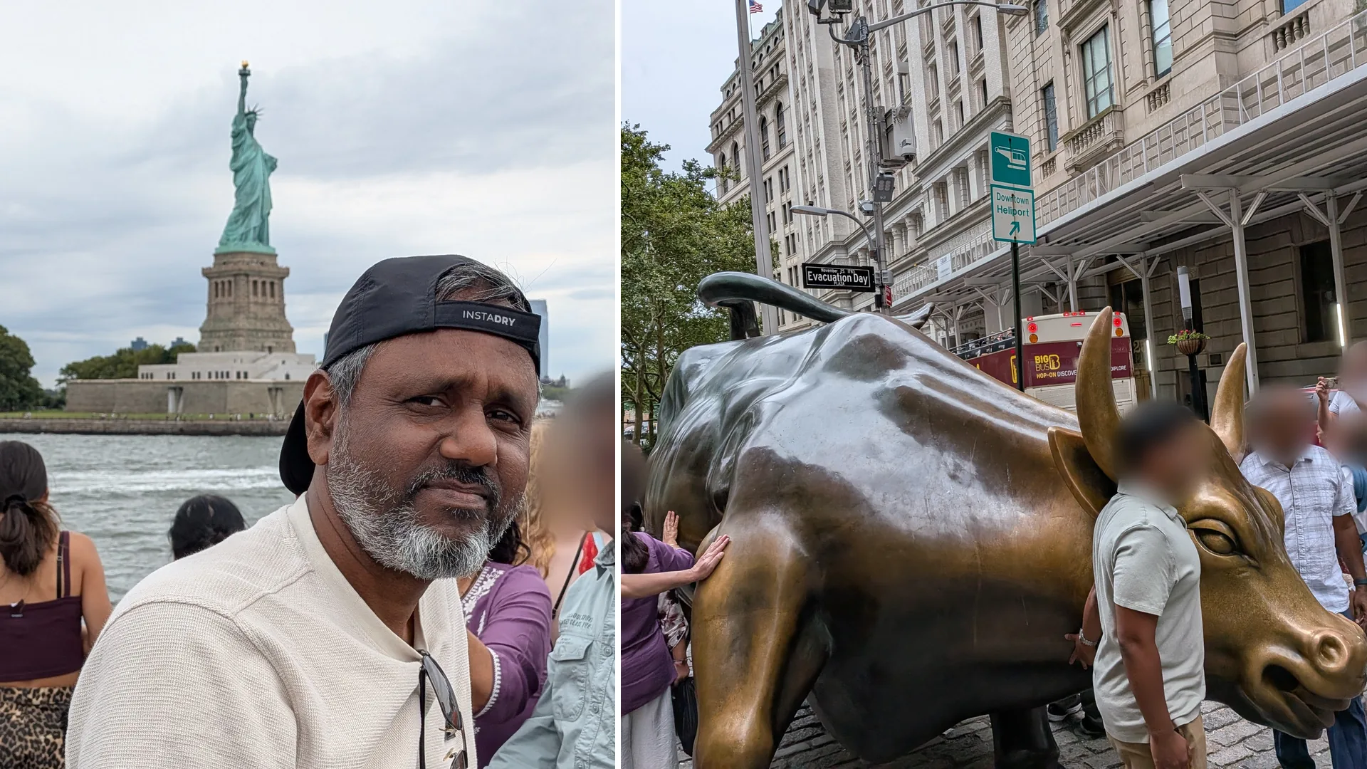 Indian traveller Uttam Jaiswal in front of the Statue of Liberty, beside tourists touching Wall Street's Charging Bull for good luck in New York