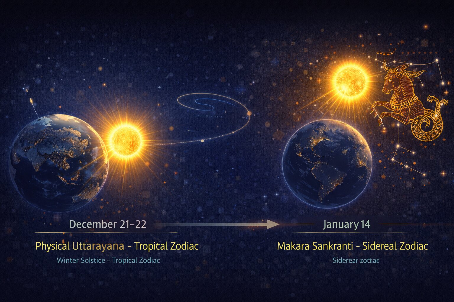 Sun's path showing Winter Solstice and Makara Sankranti with sidereal zodiac