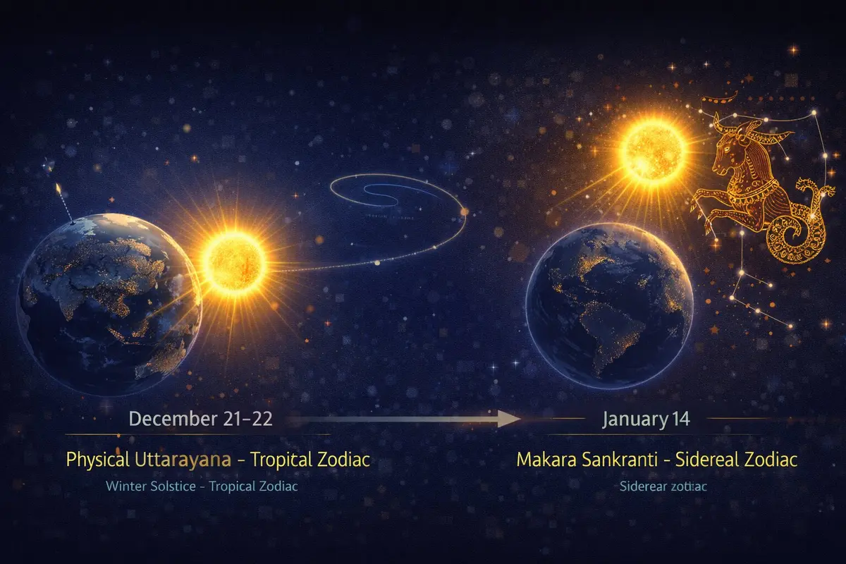 Sun's path showing Winter Solstice and Makara Sankranti with sidereal zodiac