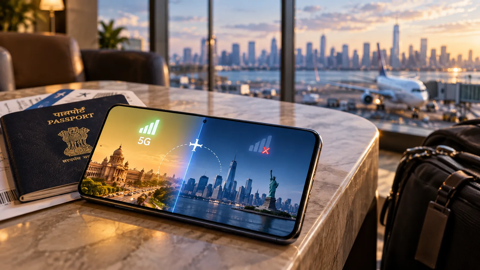 Smartphone showing full 5G signal in India and no signal in the USA, beside an Indian passport at an airport lounge